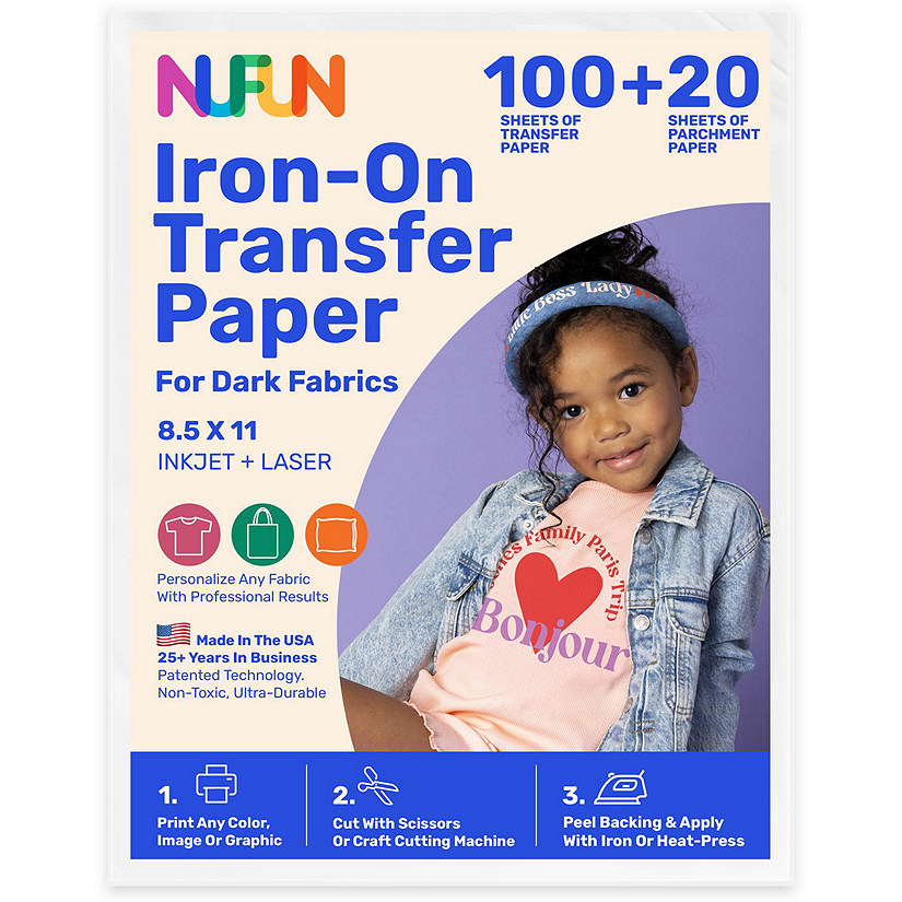 NuFun Activities Printable Iron-On Heat Transfer Paper For Dark Fabrics, 8.5 x 11 Inch, (100 Sheets) Image