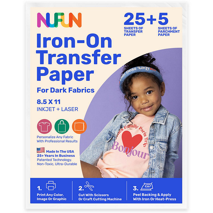 NuFun Activities Printable Iron-On Heat Transfer Paper For Dark Fabrics, 8.5 x 11 inch, (25 Sheets) Image