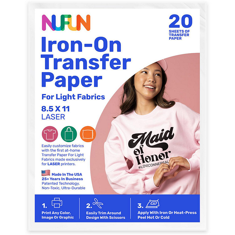 NuFun Activities Printable Iron-On Heat Transfer Paper for Laser Printers For Light Fabrics, 8.5 x 11 Inch, (20 sheets) Image