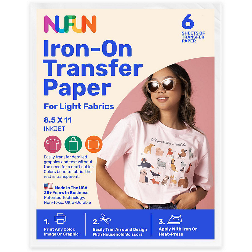NuFun Activities Printable Iron-On Heat Transfer Paper For Light Fabrics, 8.5 x 11 Inch, (6 Sheets) Image
