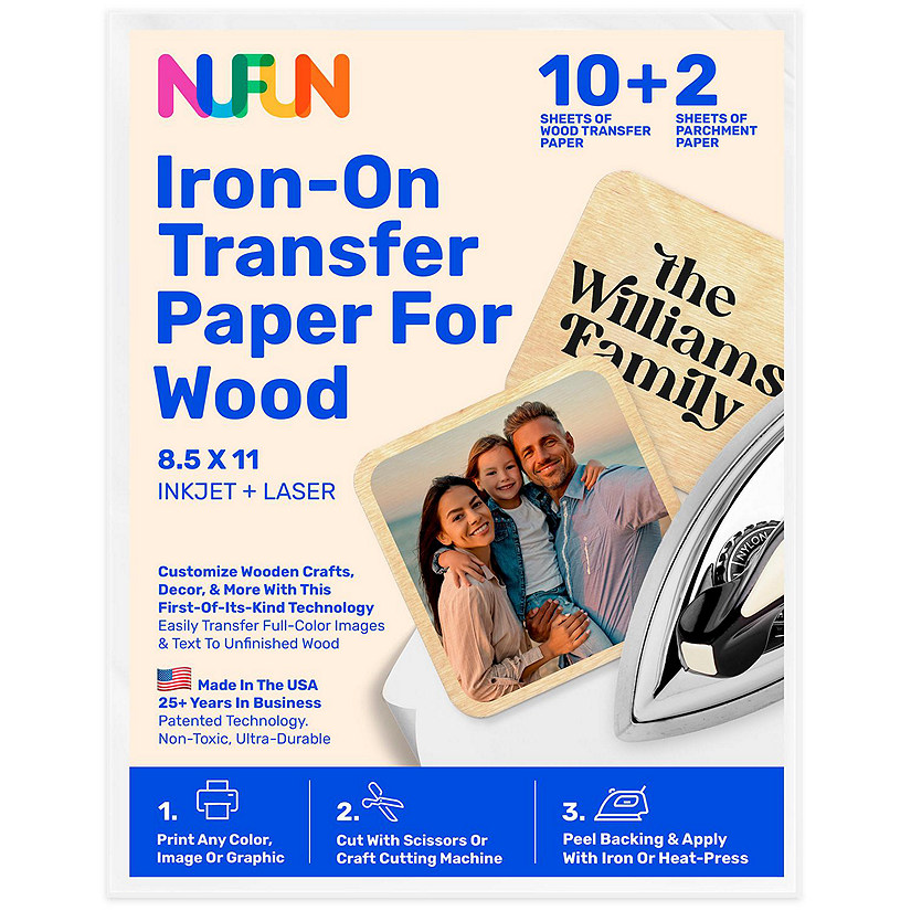 NuFun Activities Printable Iron-On Heat Transfer Paper for Wood, 8.5 x 11 Inch, (10 Sheets) Image