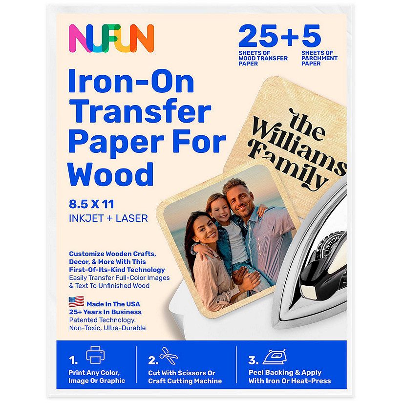 NuFun Activities Printable Iron-On Heat Transfer Paper For Wood, 8.5 x 11 Inch, (25 Sheets) Image