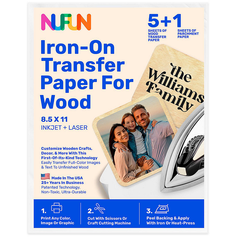 NuFun Activities Printable Iron-On Heat Transfer Paper for Wood, 8.5 x 11 inch, (5 Sheets) Image