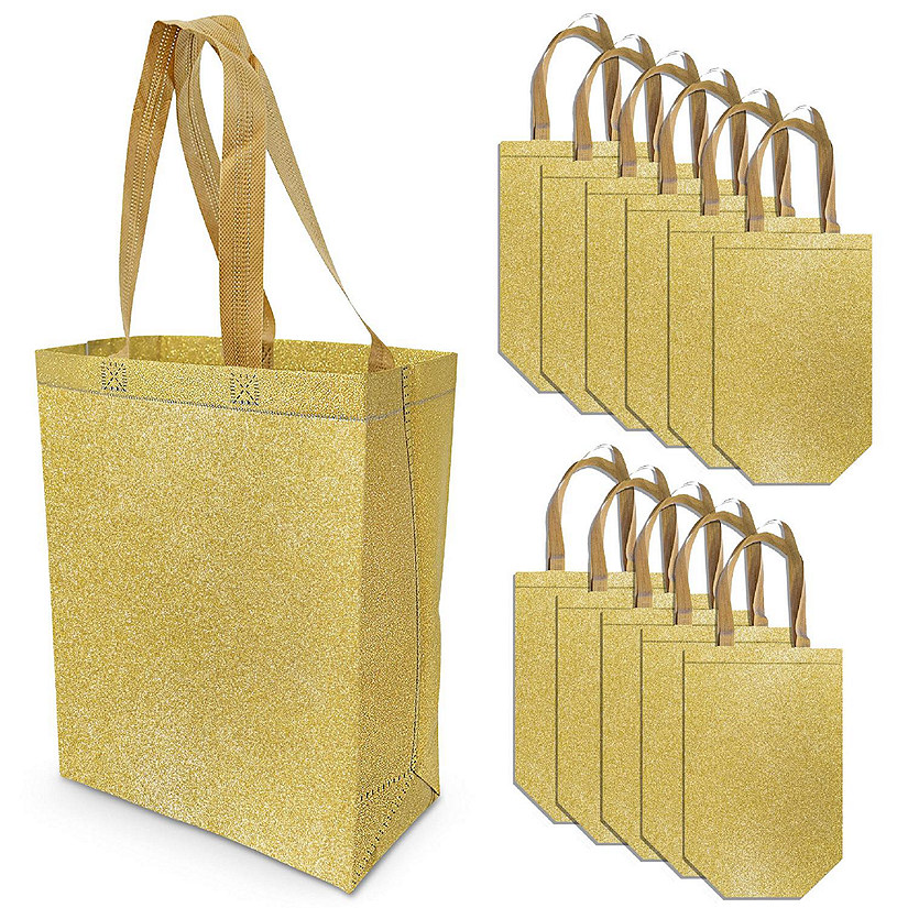 OccasionALL- Gold Gift Bags Large Gold Reusable Gift Bag Tote with Handles - 10x5x13 Inch 12 Pack Image