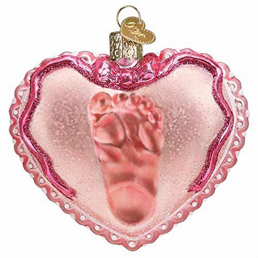 Old World Christmas 30059 Glass Blown Baby Girls Footprint Heart Ornament Image