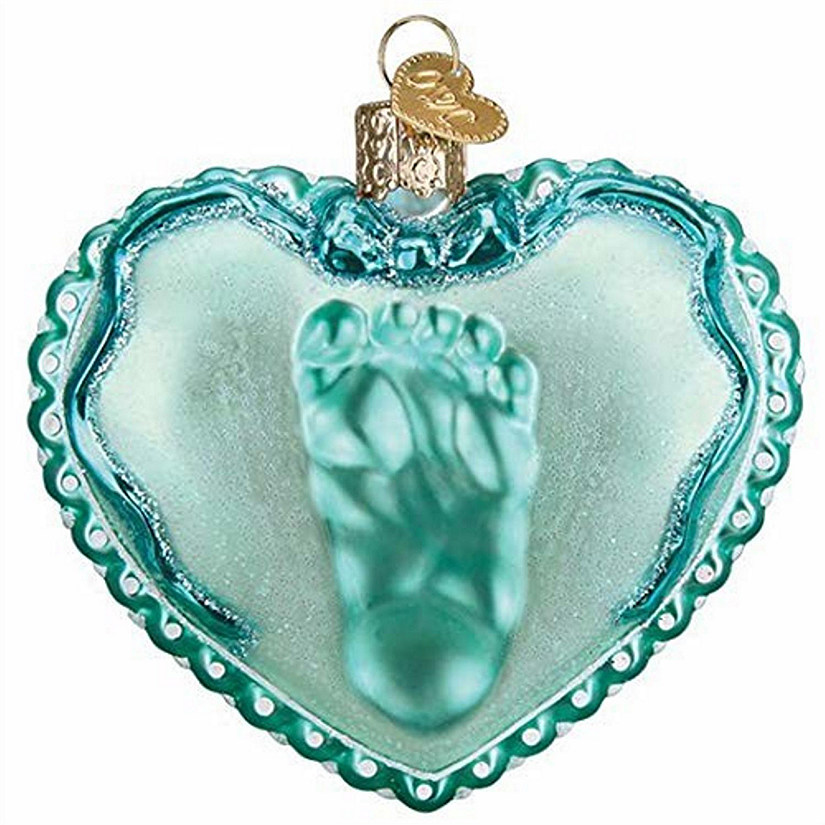 Old World Christmas 30060 Glass Blown Baby Boys Footprint Heart Ornament Image