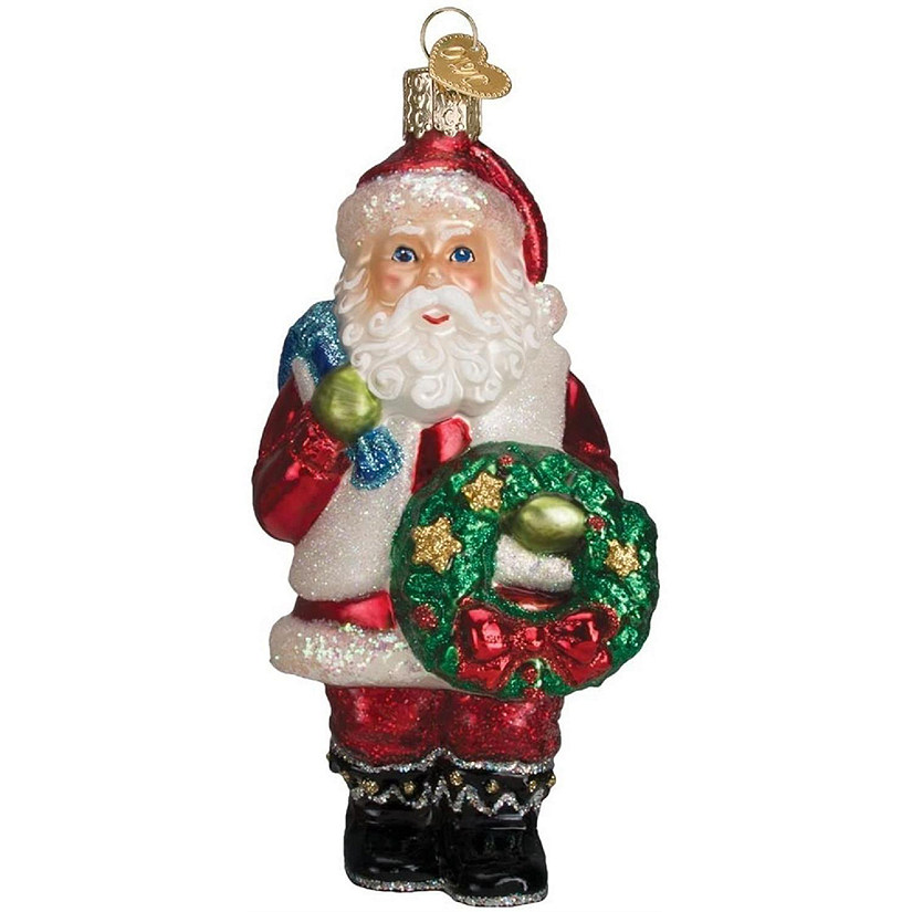 Old World Christmas 40279 Glass Blown Santa with Wreath Ornament Image