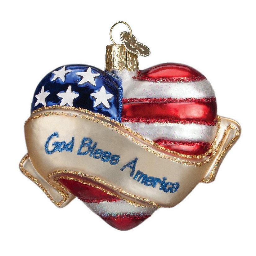 Old World Christmas Assortment Glass Blown Ornaments for Christmas Tree God Bless America Heart Image