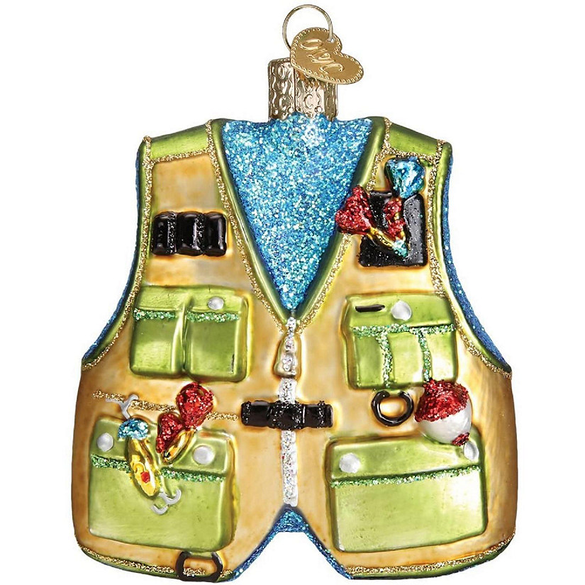 Old World Christmas Glass Blown Tree Ornament, Fishing Vest Image