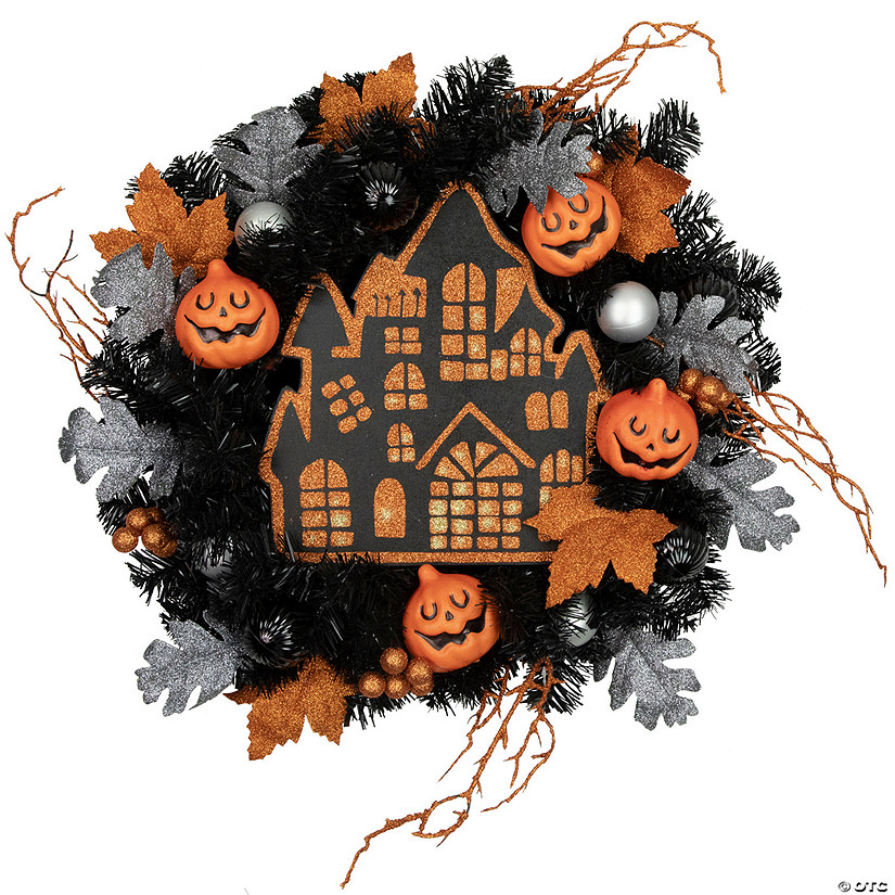 Orange and Black Haunted House Halloween Wreath  24-Inch  Unlit Image