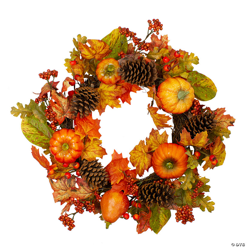Orange Pumpkins  Pine Cones and Berries Fall Harvest Wreath - 24 inch  Unlit Image