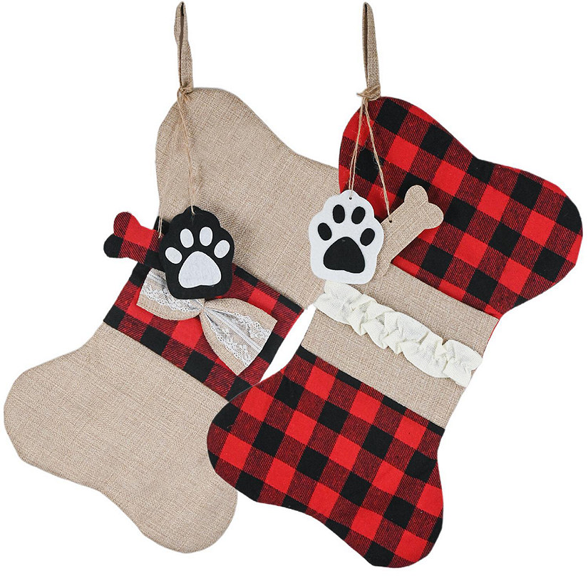 Ornativity Christmas Buffalo Plaid Pet Stocking Bone Paw Pack of 2 Image