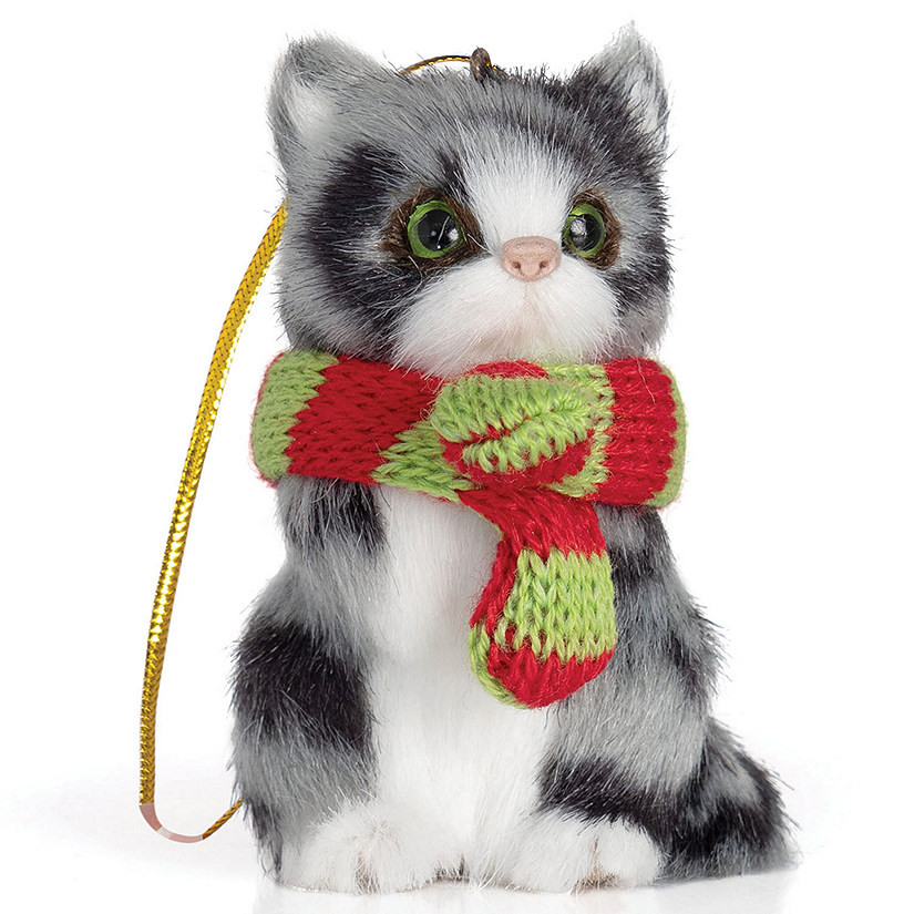 Ornativity Christmas Mini Cat Ornament - Furry Grey Kitten with Scarf Holiday Tree Hanging Decoration Image