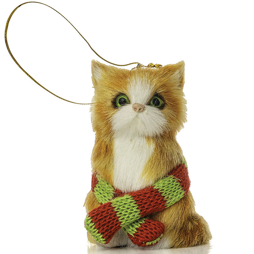 Ornativity Christmas Mini Cat Ornament - Furry Orange Kitten with Scarf Holiday Tree Hanging Decoration Image