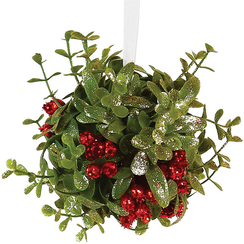 Ornativity Mistletoe Glitter Hanging Ornament - Christmas Mistletoe Ball with Red Berries Holiday Decoration Image