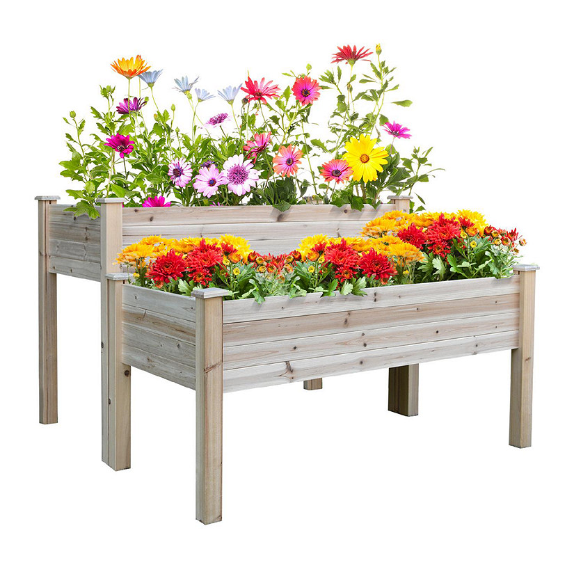Outsunny 2 Tiers Fir Wooden Raised Garden Bed Drainage Holes Elevated Planter Box Stand Image