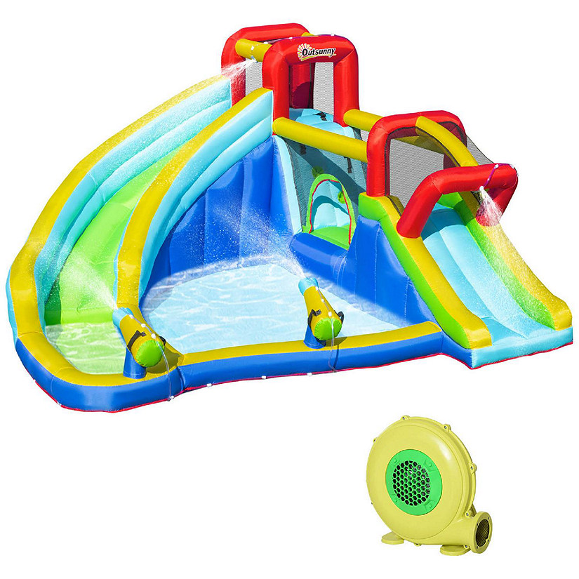 Outsunny 5 in 1 Kids Inflatable Bounce House Jumping Castle Includes Trampoline Slide Water Pool Water Gun Climbing Wall with Carry Bag and Repair Patches Image