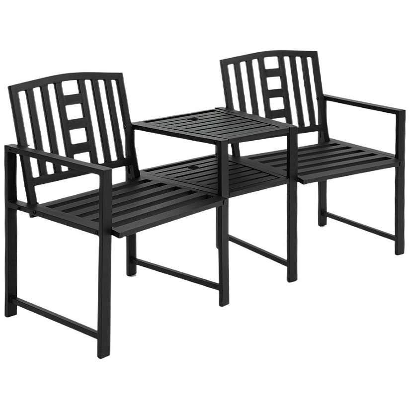 Outsunny Outdoor Double Tete a Tete Patio Lounge Chair Center Coffee Table Metal Frame and Elegant Appearance Black Image
