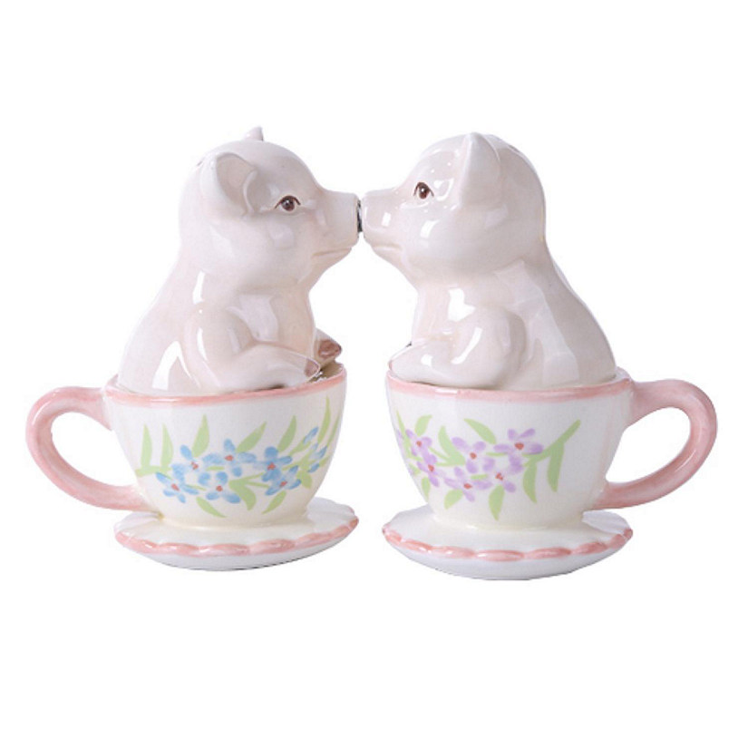 Pacific Trading Pink Kissing Pigs in Tea Cups Ceramic Salt and Pepper Shaker Set Image