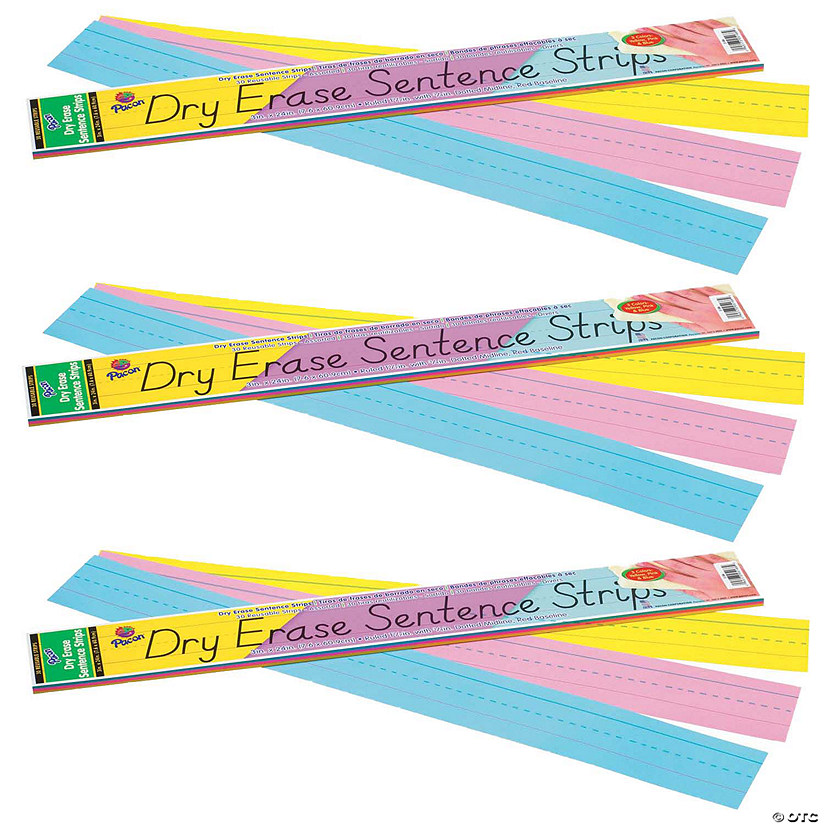 Pacon Dry Erase Sentence Strips, 3 Assorted Colors, 1-1/2" X 3/4" Ruled, 3" x 24", 30 Per Pack, 3 Packs Image