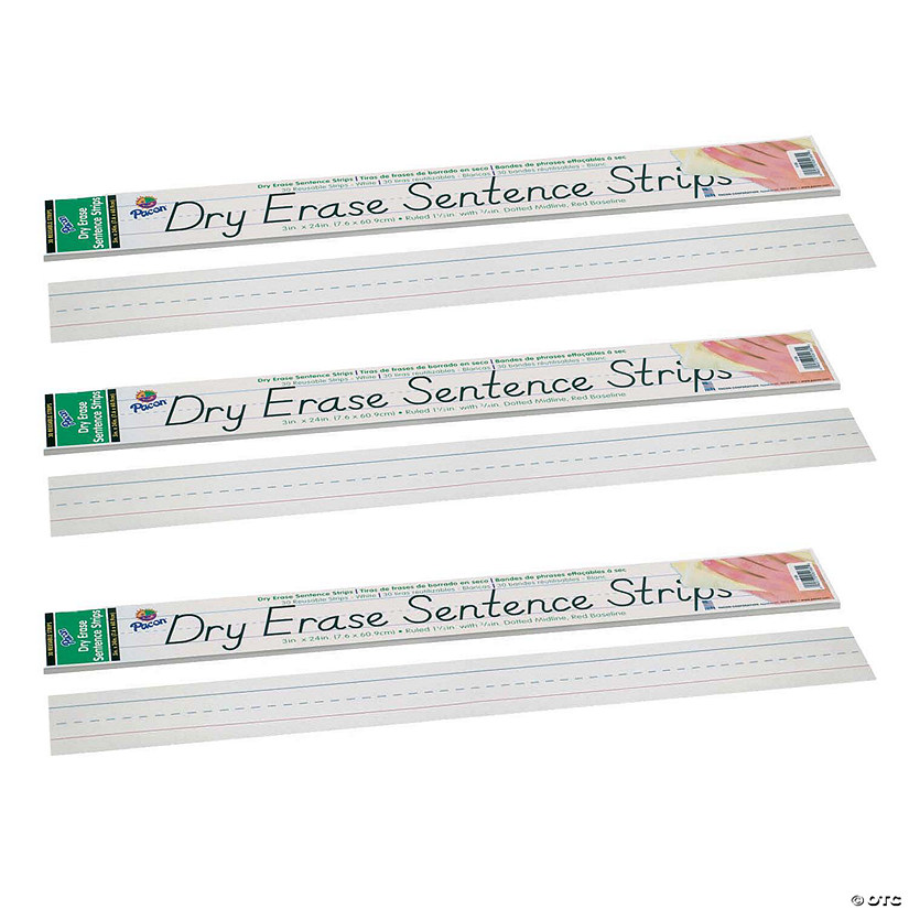 Pacon Dry Erase Sentence Strips, White, 1-1/2" X 3/4" Ruled, 3" x 24", 30 Per Pack, 3 Packs Image