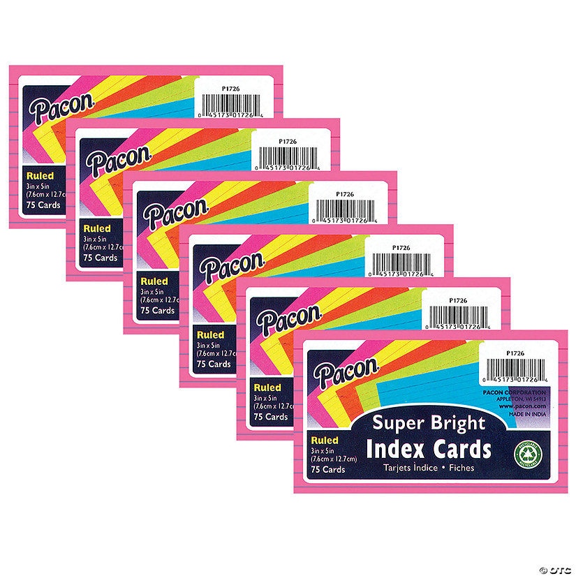 Pacon Index Cards, 5 Super Bright Assorted Colors, 0.25" Ruled, 3" x 5", 75 Cards Per Pack, 6 Packs Image