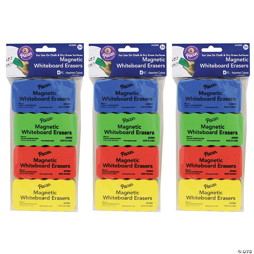 Pacon Magnetic Chalk & Whiteboard Eraser, 4 Assorted Colors, 2.25" x 4.25", 4 Erasers Per Pack, 3 Packs Image