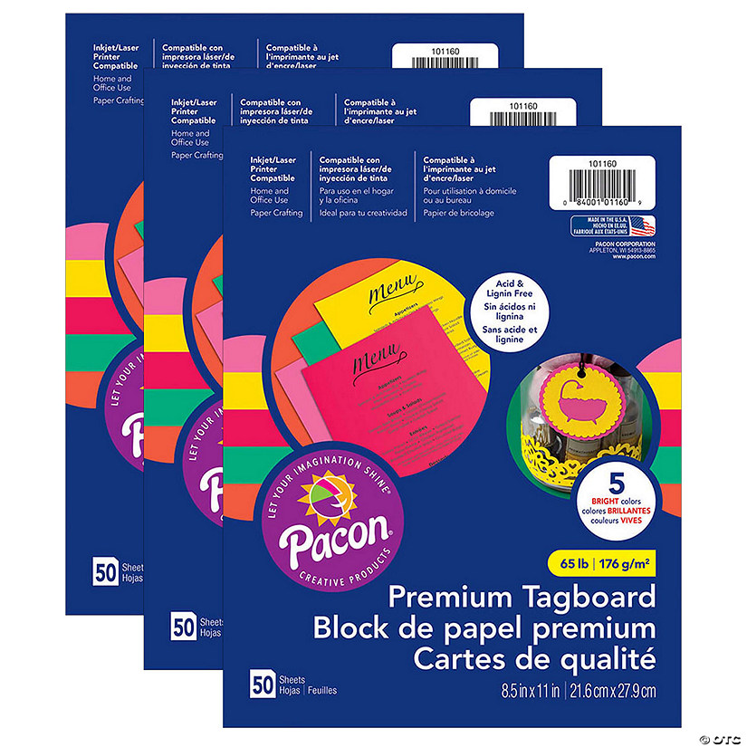 Pacon Premium Tagboard, 5 Assorted Bright Colors, 8-1/2" x 11", 50 Sheets Per Pack, 3 Packs Image