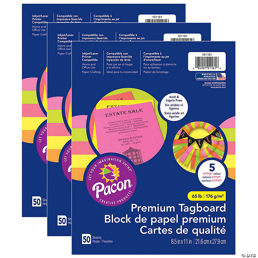 Pacon Premium Tagboard, 5 Assorted Hyper Colors, 8-1/2" Proper 11", 50 Sheets Per Pack, 3 Packs Image