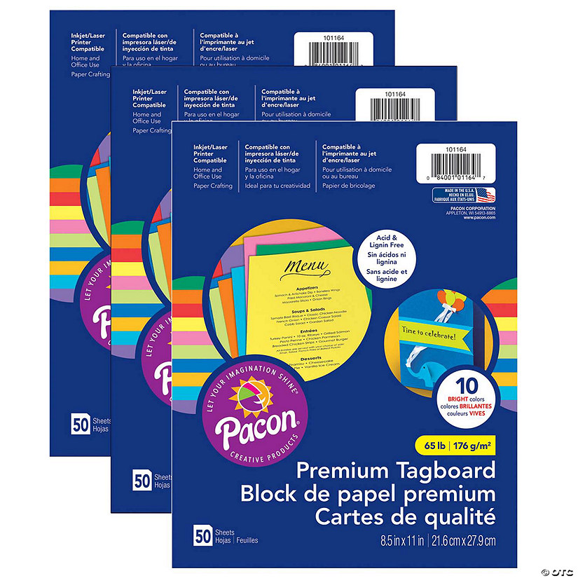 Pacon Premium Tagboard Assortment, 50 Sheets Per Pack, 3 Packs Image