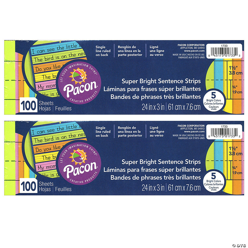 Pacon Sentence Strips, Assorted 5 Colors, 1-1/2" Ruled 3" x 24", 100 Strips Per Pack, 2 Packs Image