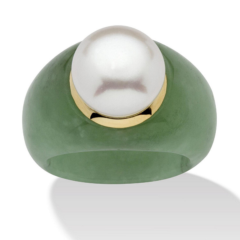 PalmBeach Jewelry 10K Yellow Gold Round Genuine Cultured Freshwater Pearl and Genuine Green Jade Ring Sizes 6-10 Size 8 Image
