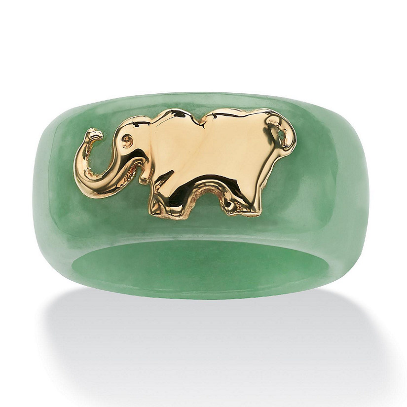 PalmBeach Jewelry 10K Yellow Gold Round Genuine Green Jade Elephant Ring Sizes 5-10 Size 10 Image
