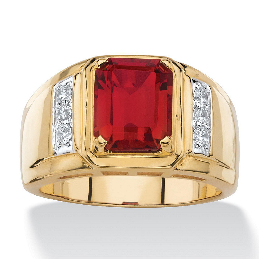 PalmBeach Jewelry Men's 18K Yellow Gold Plated Cushion Cut Red Genuine Garnet Round Genuine Diamond Ring (1/5 cttw, I Color, I3 Clarity) Size 12 Image