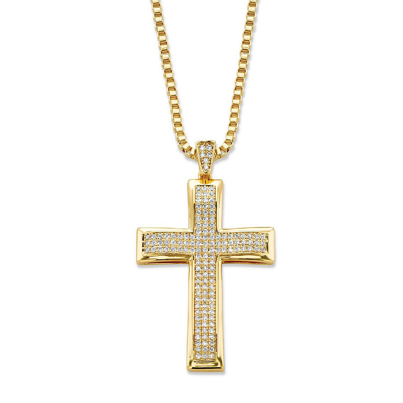 PalmBeach Jewelry Men's Gold-Plated Round Cubic Zirconia Cross Pendant (25mm) with 20 inch Chain Size Image