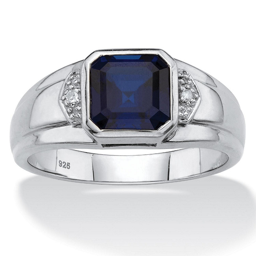 PalmBeach Jewelry Men's Platinum-plated Sterling Silver Cushion Created Blue Sapphire and Diamond Accent Octagon Ring Sizes 8-13 Size 11 Image