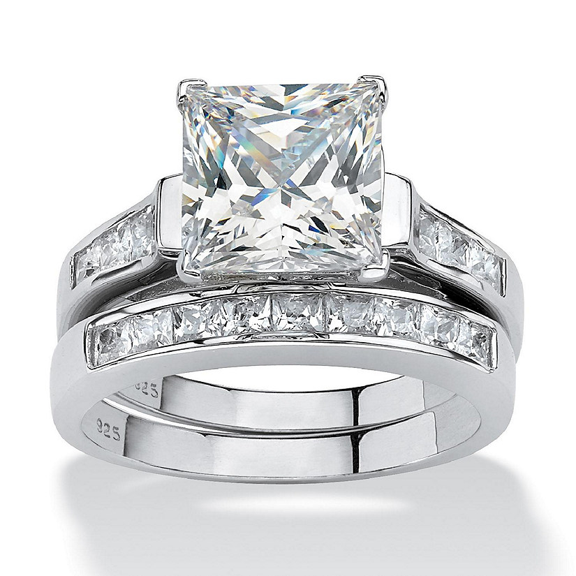 PalmBeach Jewelry Platinum-plated Sterling Silver Princess Cut Cubic Zirconia Bridal Ring Set Sizes 5-10 Size 8 Image