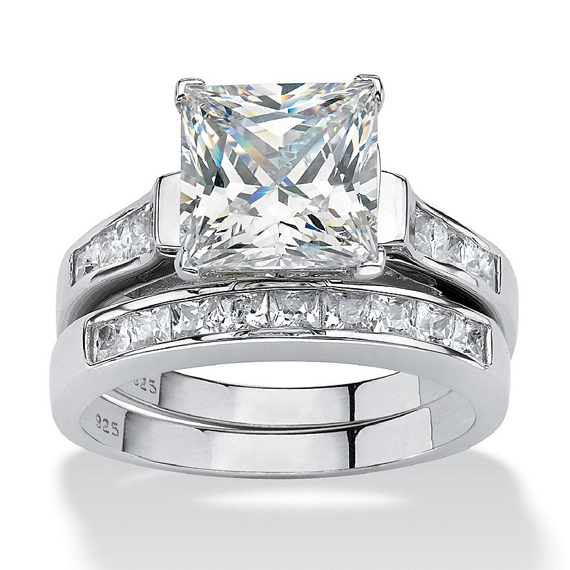 PalmBeach Jewelry Platinum-plated Sterling Silver Princess Cut Cubic Zirconia Bridal Ring Set Sizes 5-10 Size 9 Image