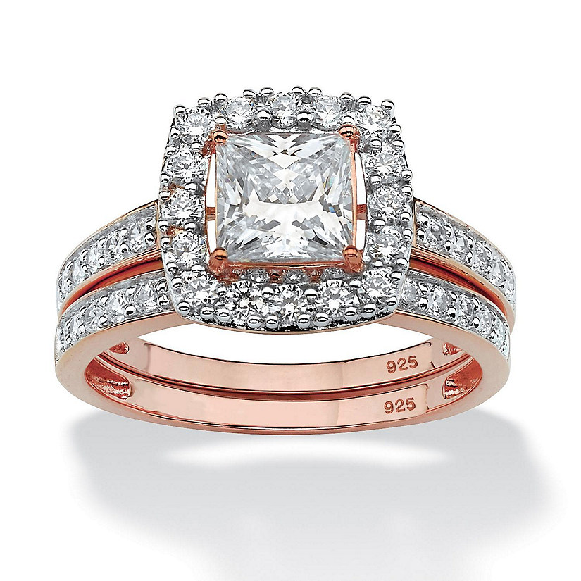 PalmBeach Jewelry Rose Gold-plated Sterling Silver Princess Cut Cubic Zirconia Halo Bridal Ring Set Sizes 6-10 Size 6 Image