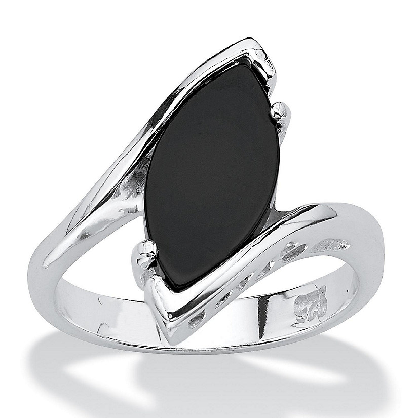PalmBeach Jewelry Sterling Silver Marquise Shaped Natural Black Onyx Bypass Ring Sizes 5-12 Size 8 Image