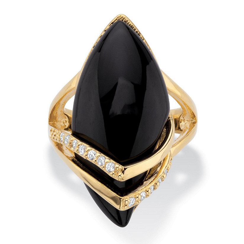 PalmBeach Jewelry Yellow Gold-plated Marquise Shaped Natural Black Onyx and Round Cubic Zirconia Ring Sizes 6-12 Size 10 Image