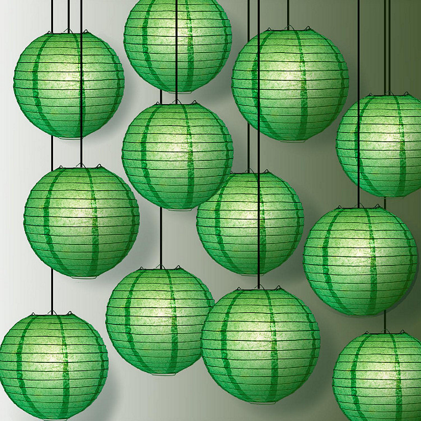 PaperLanternStore 12 PACK Emerald Green Even Ribbing Round Paper Lantern Combo Set Image