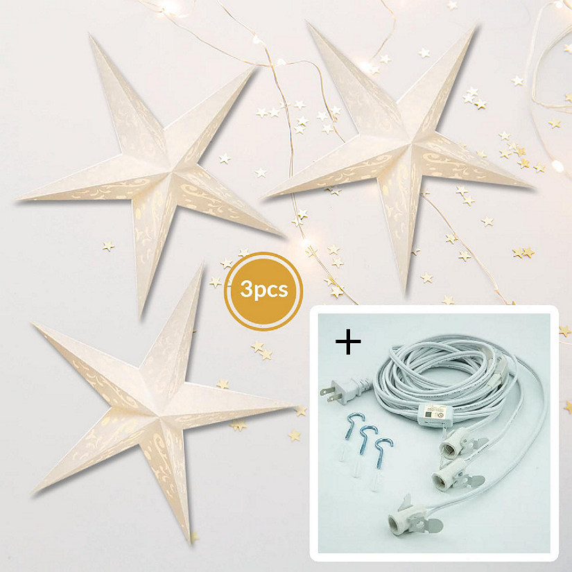 PaperLanternStore 3-PACK 24" White Harmony Illuminated Paper Star Lantern, with LED Bulbs and Lamp Cord Light Included Image