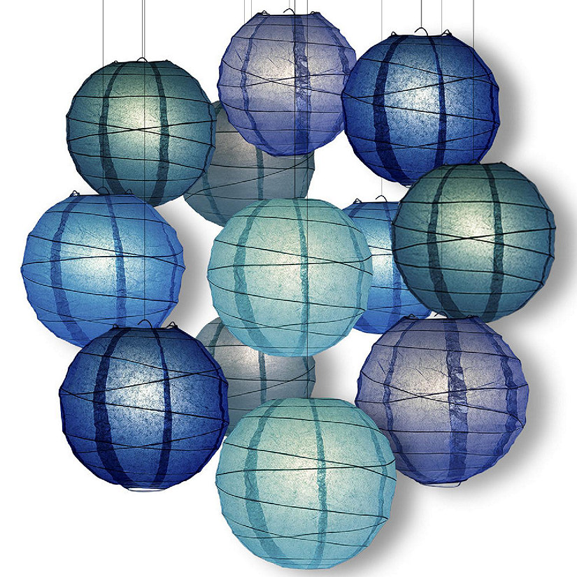 PaperLanternStore Blue Party PACK Crisscross Ribbed Paper Lantern Combo Set (12 pc Set) Image