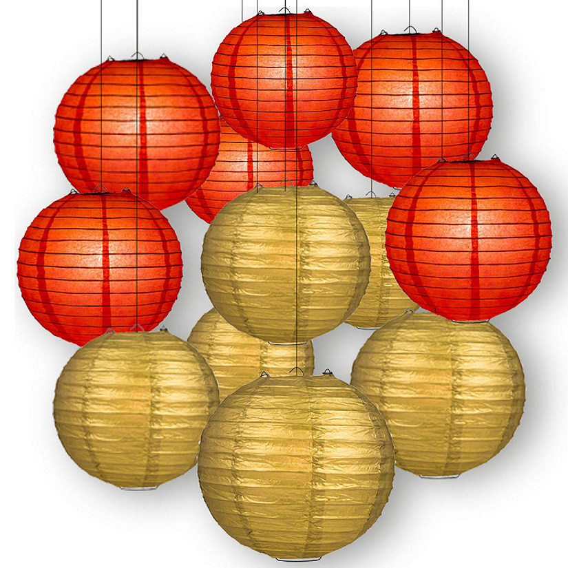 PaperLanternStore Red and Gold Party PACK Parallel Ribbed Paper Lantern Combo Set (12 pc Set) Image