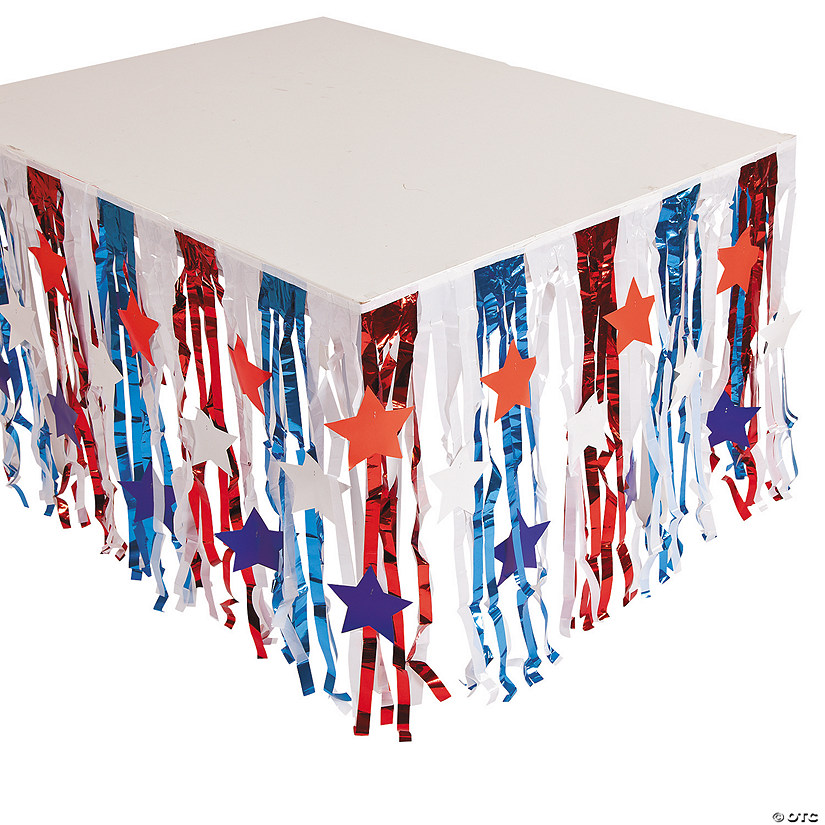 Patriotic Metallic Fringe Plastic Table Skirt with Star Cutouts Image