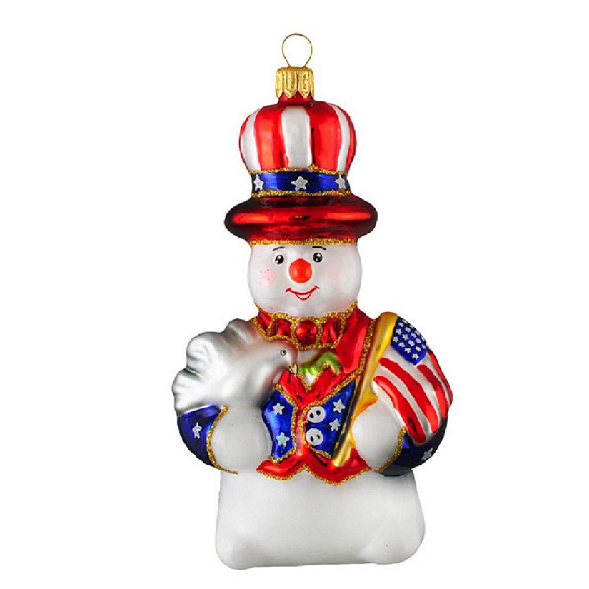 Patriotic USA Snowman Holding the American Flag Polish Glass Christmas Ornament Image