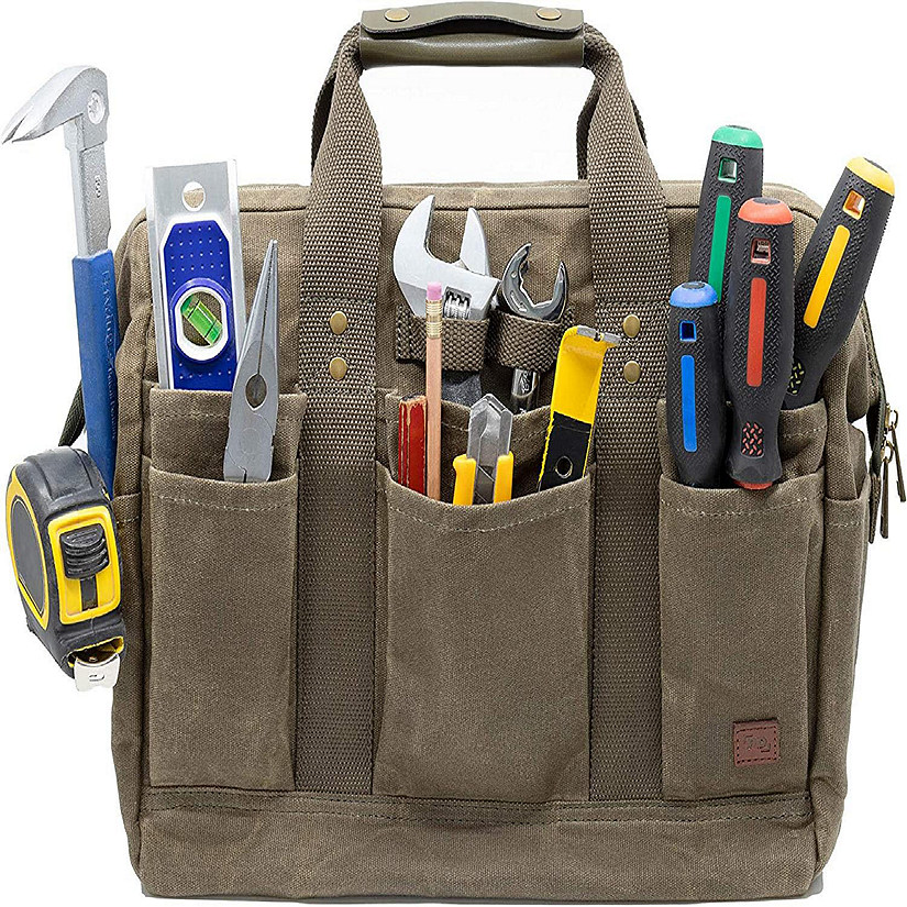 PD Canvas Tool Bag 14-Inch, Khaki, 22 Pockets, Heavy Duty Tradesman Bag , Made for Contractors, Painters, Carpenters, Builders (Green Khaki) Image