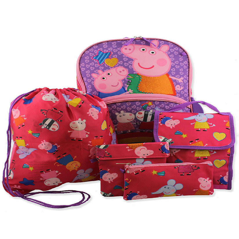 Peppa Pig Girls 5 piece Backpack and Lunch Bag School Set (One Size, Pink/Purple) Image