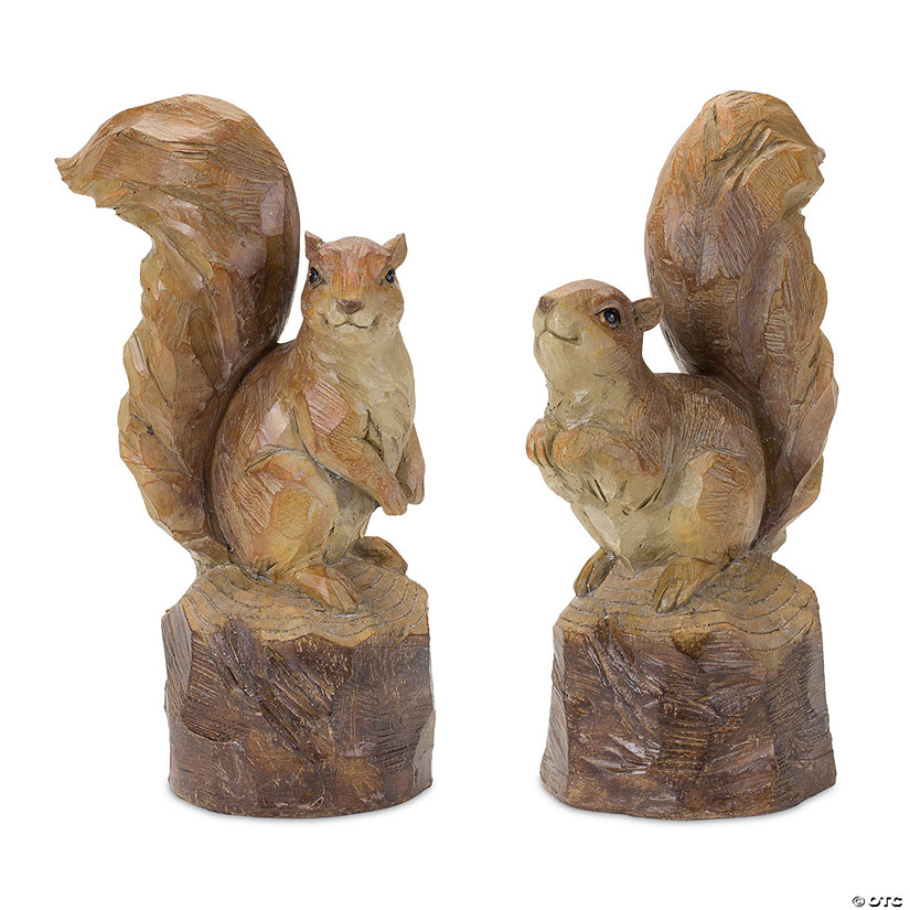 Perched Squirrel On Tree Stump Figurine (Set Of 2) 13"H Resin Image